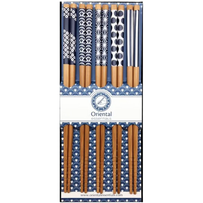 Eetstokjesset 5 paar blauw patroon 22,5cm